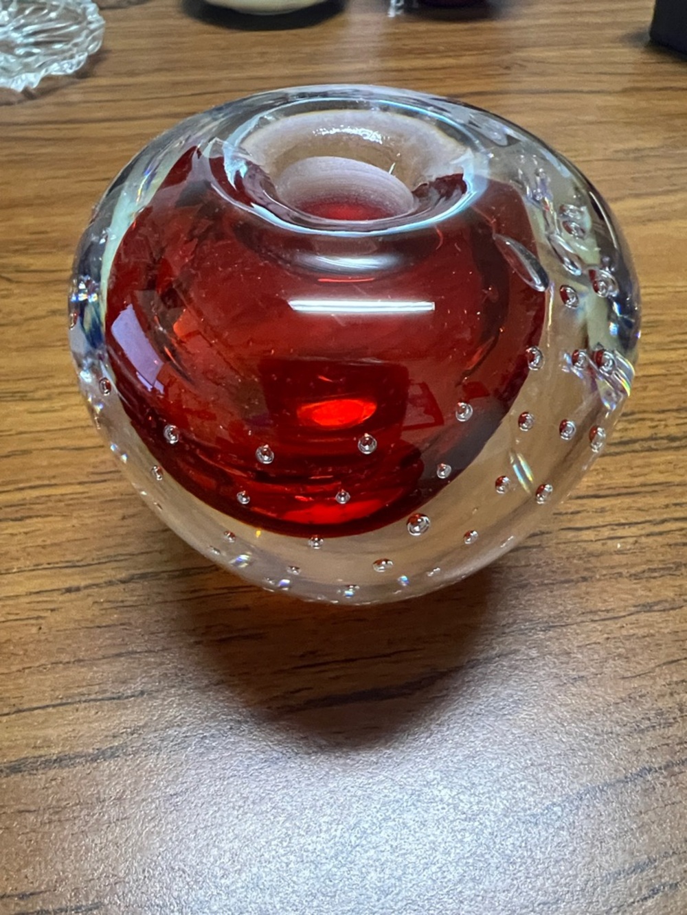 Red Bubble Glass Paperweight with Encased Air Bubbles